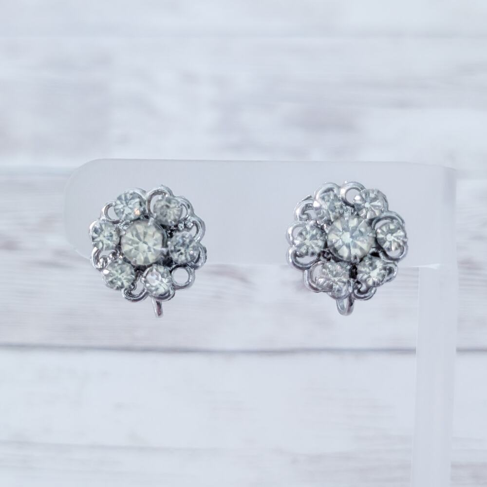 Vintage Screw Back Earrings Clear Gem 0.75"